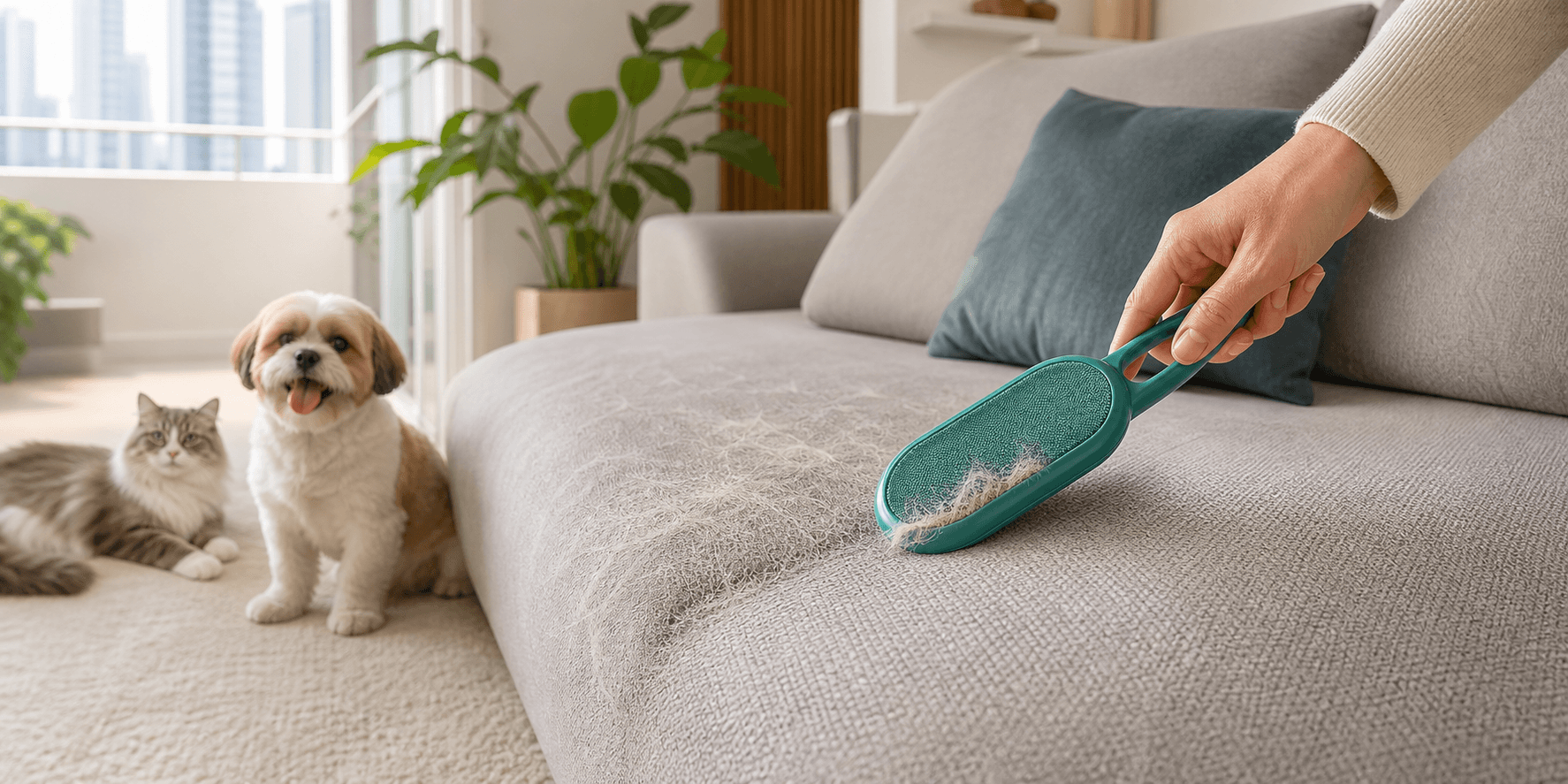 Pessoa usando uma escova reutilizavel PataLimp em sofa com pets ao fundo